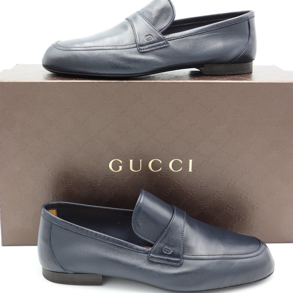 NIB Gucci Mens Navy Blue Unlined Leather Slip-on Loafers Shoes